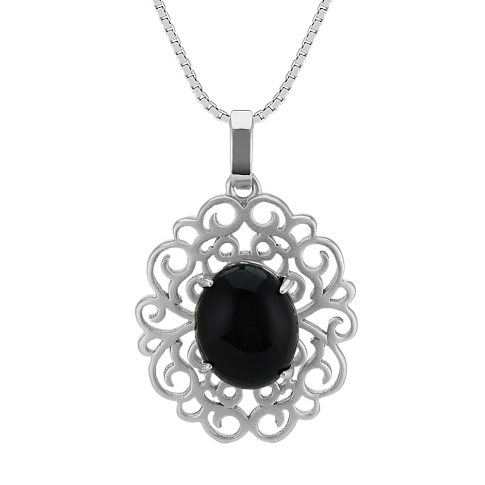 Black Agate and Sterling Silver Pendant (18'')