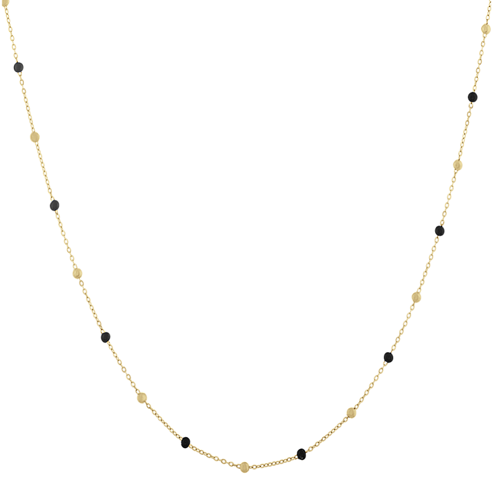 Black Enamel Bead Necklace in 14k Yellow Gold (18 in)
