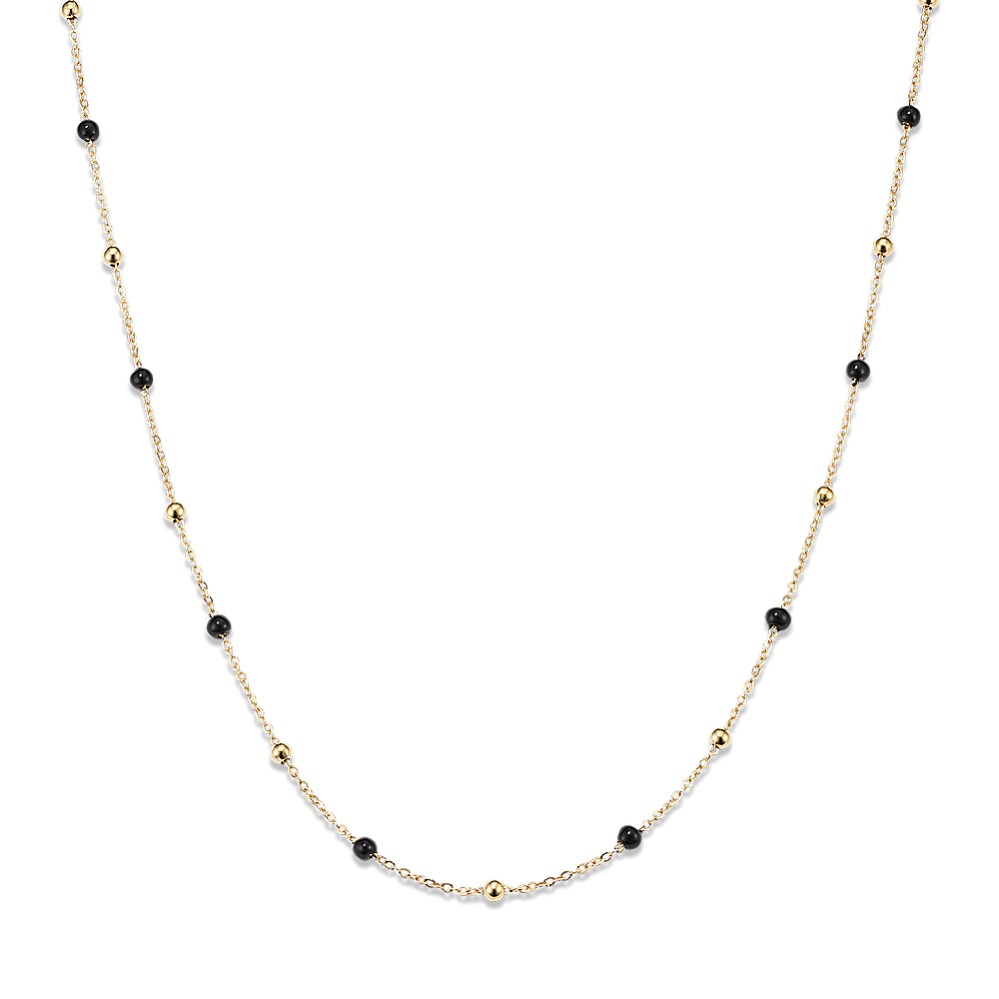 Black Enamel Bead Necklace in 14k Yellow Gold (18 in)