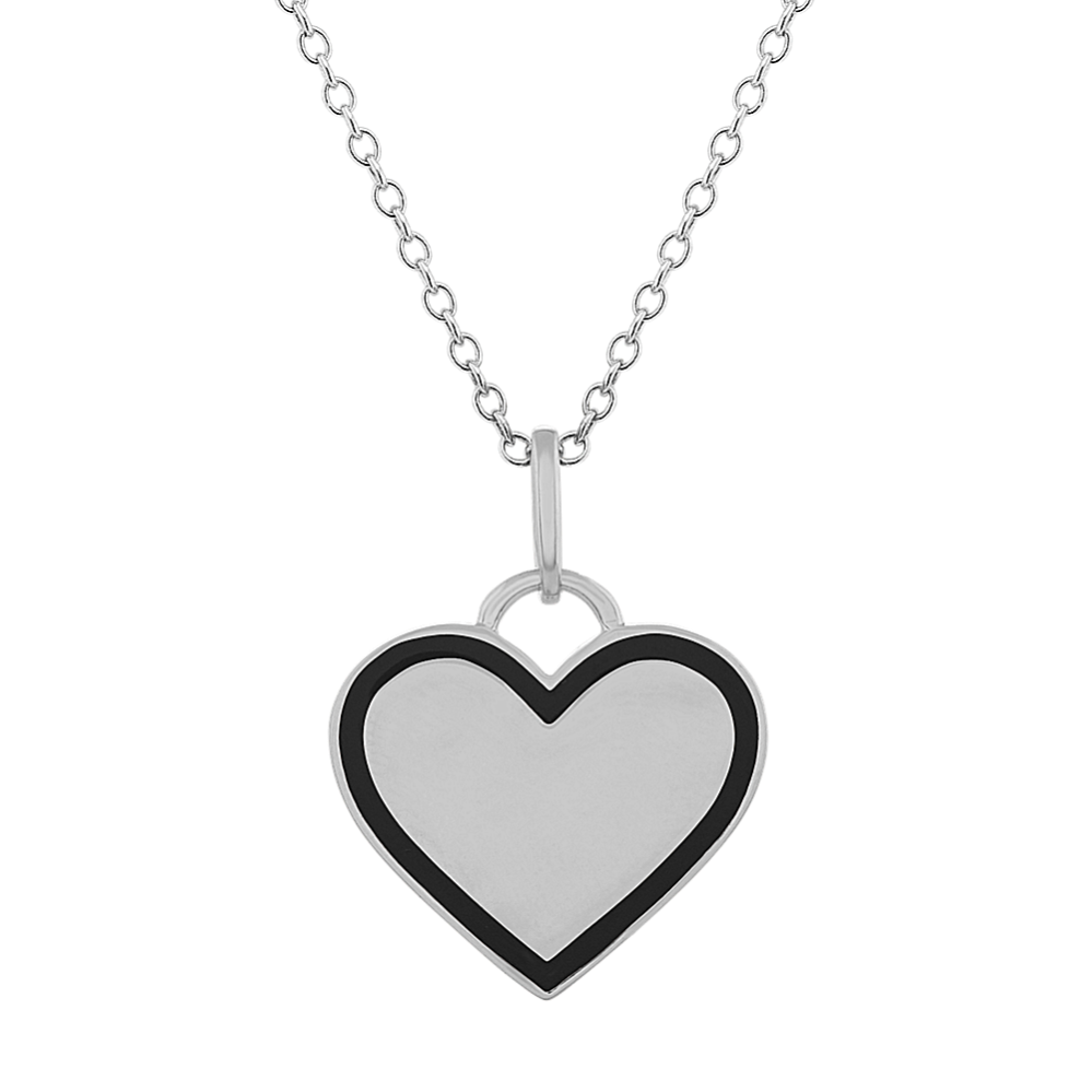 Black Enamel Heart Pendant in 14k White Gold (18'')