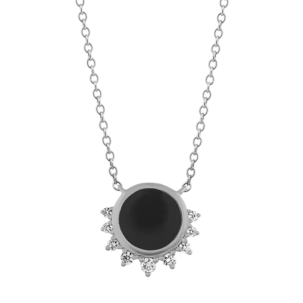 Black Enamel and Diamond Necklace in 14k White Gold (18 in)