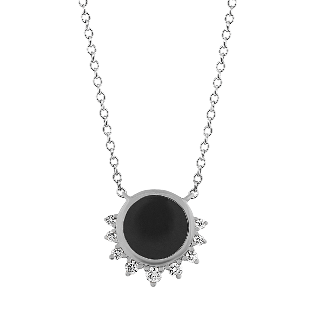Black Enamel and Diamond Necklace in 14k White Gold (18'')
