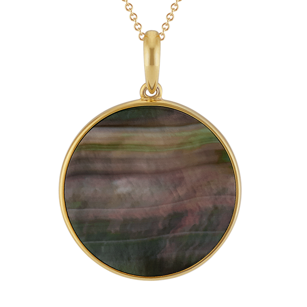 Black Mother of Pearl Circle Pendant in Yellow Sterling Silver (20 in)