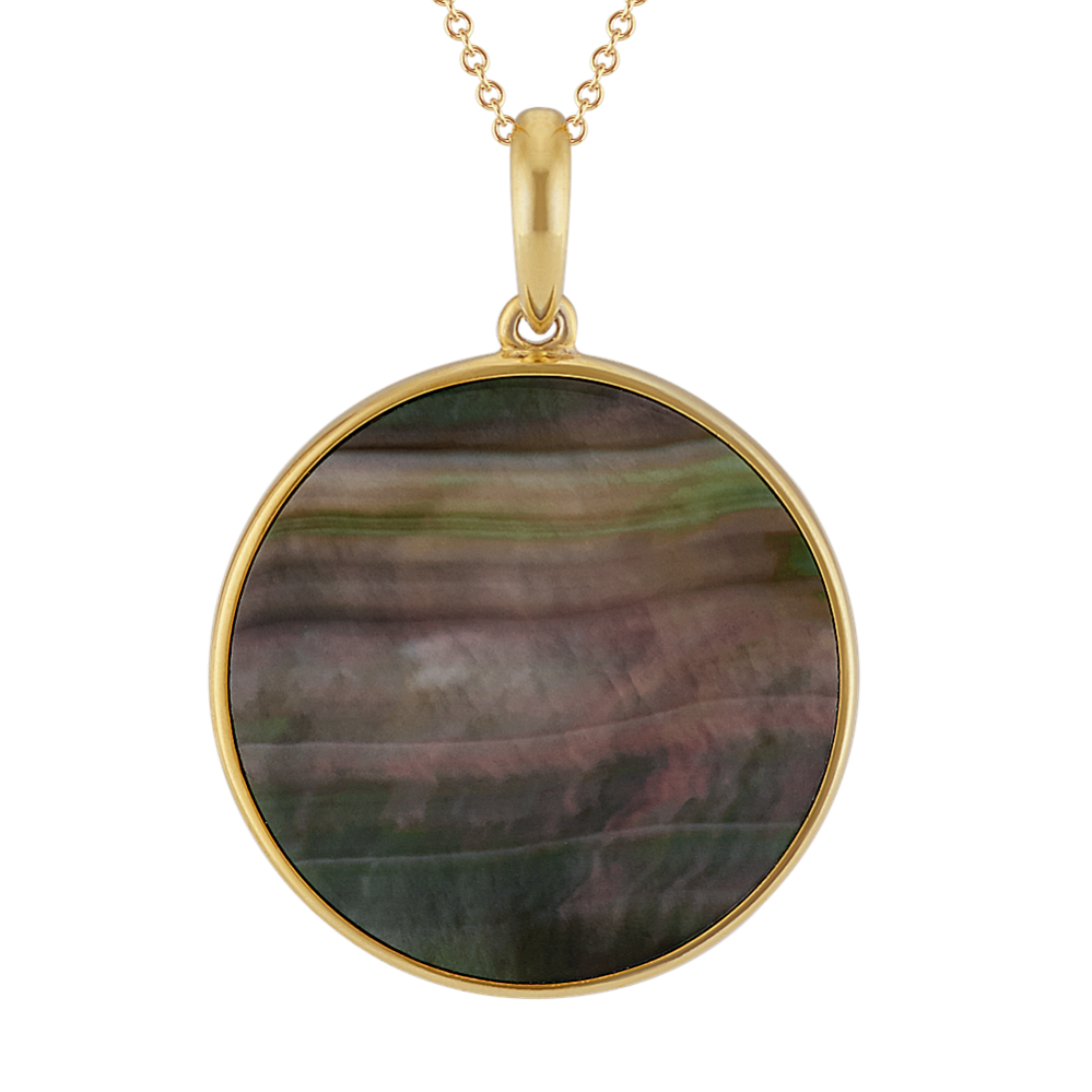 Black Mother of Pearl Circle Pendant in Yellow Sterling Silver (20'')