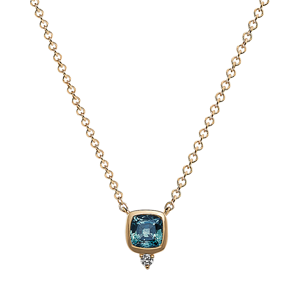 Zealand Teal Sapphire and Diamond Pendant in 14K Yellow Gold (18 in)