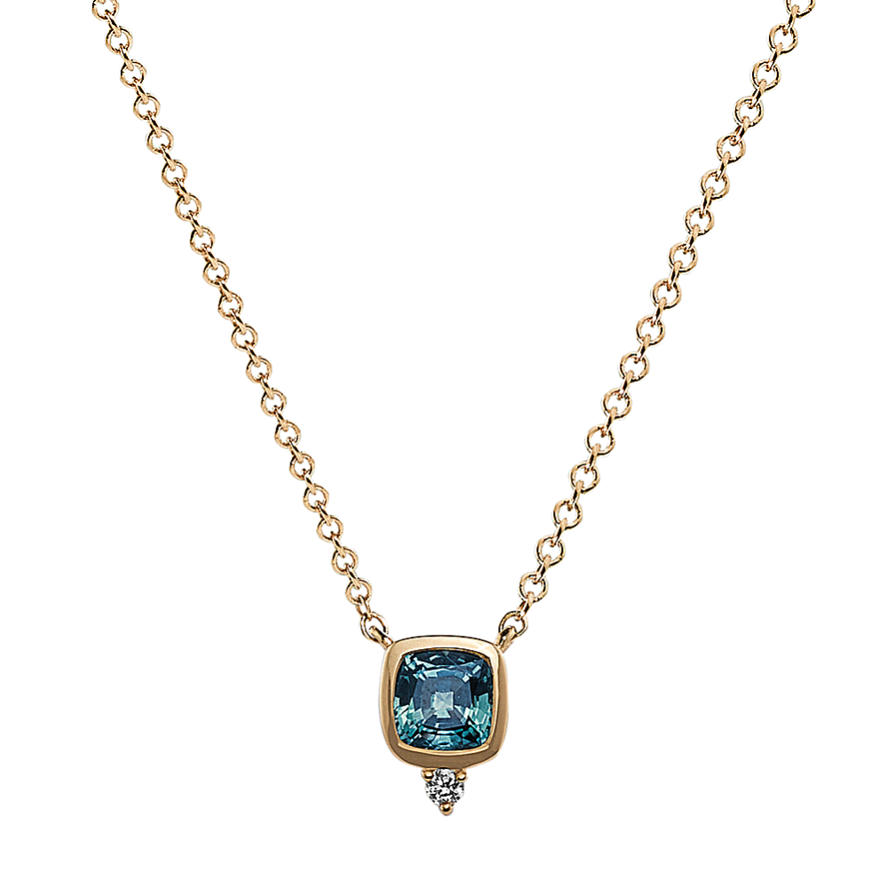 Zealand Teal Sapphire and Diamond Pendant in 14K Yellow Gold (18'')
