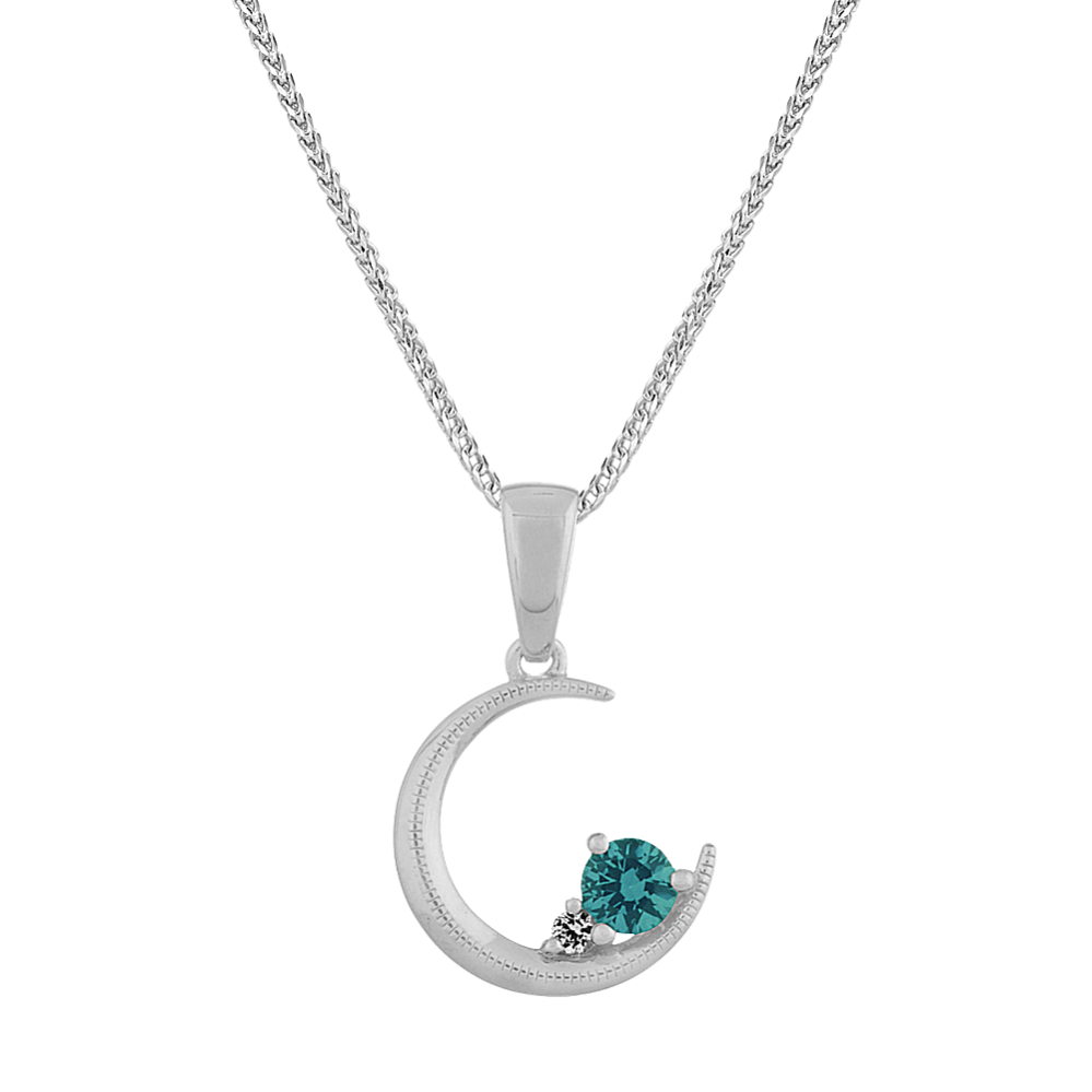 Blue-Green and White Sapphire Crescent Moon Pendant (22'')