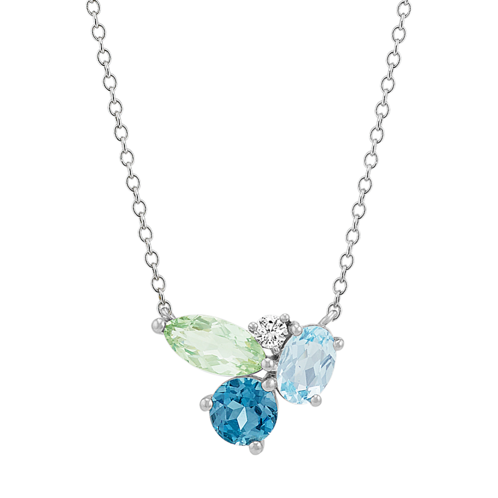 Blue Topaz, Green Quartz and White Sapphire Necklace (18 in)