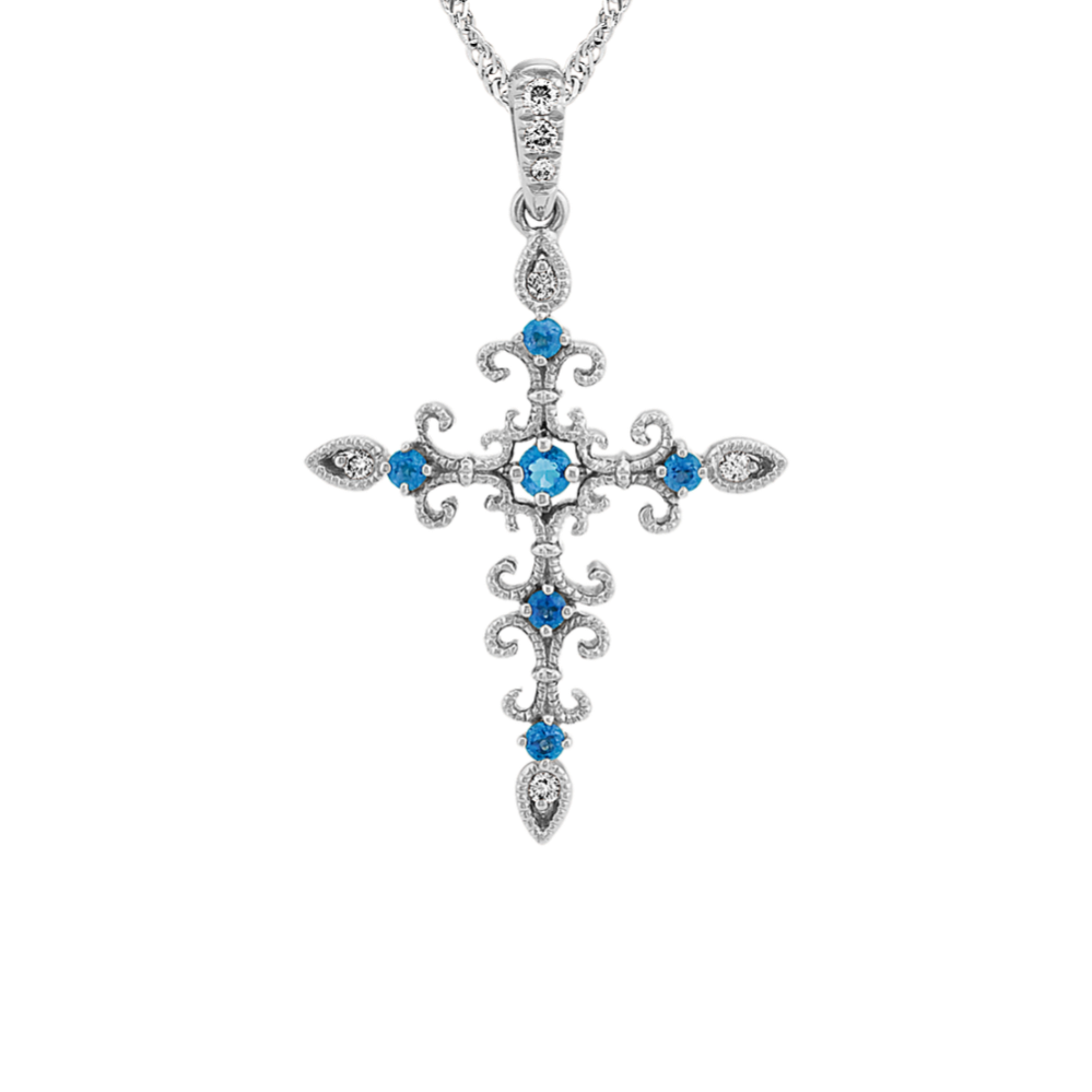 Calabria Blue Topaz and Diamond Cross Pendant in 14K White Gold (22 in)