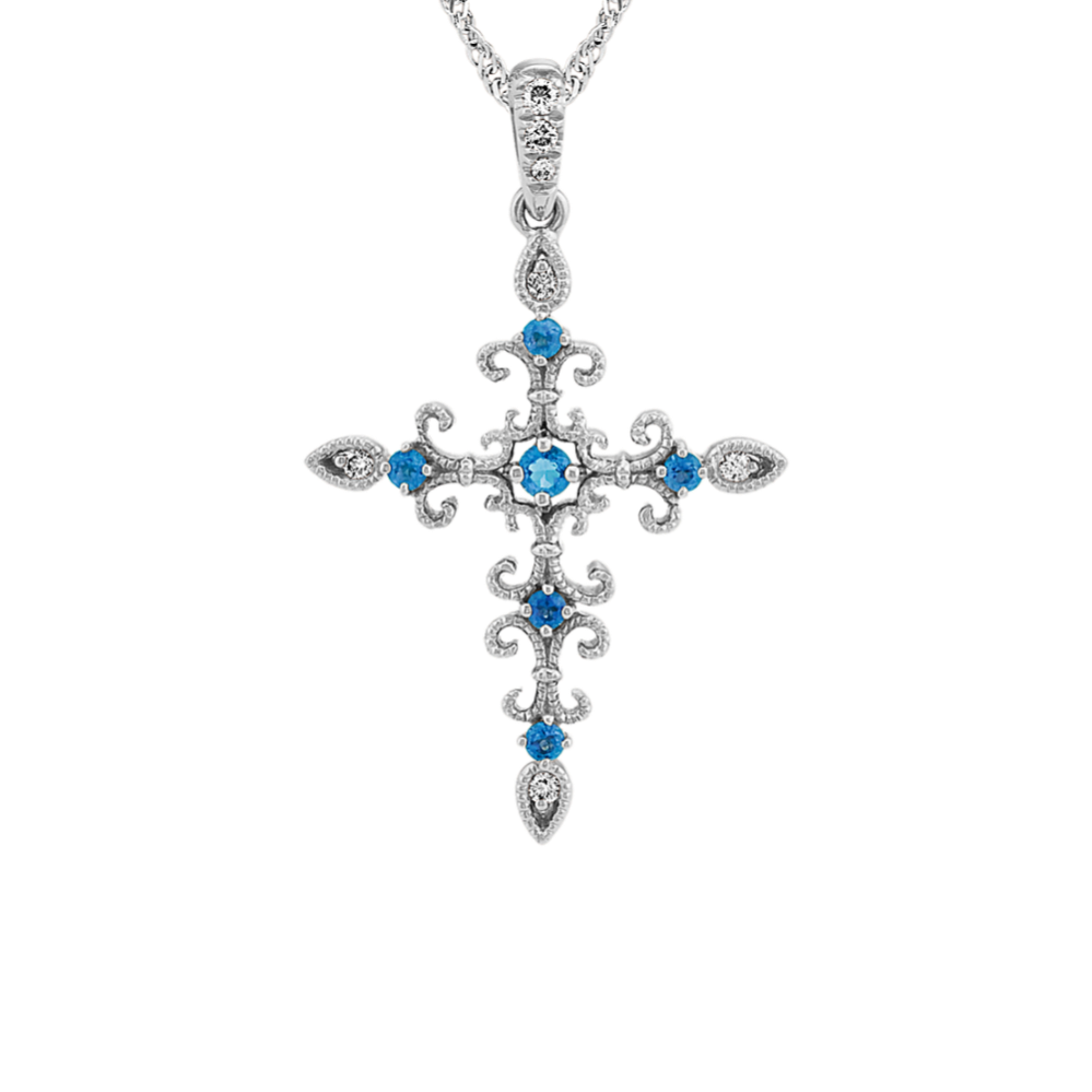 Calabria Blue Topaz and Diamond Cross Pendant in 14K White Gold (22'')