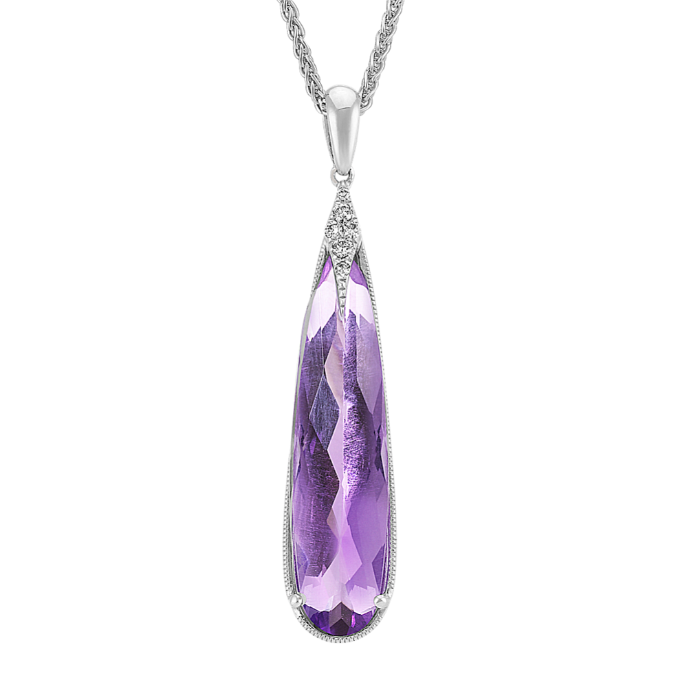 Briolette Amethyst and Diamond Teardrop Pendant in Sterling Silver (24 in)