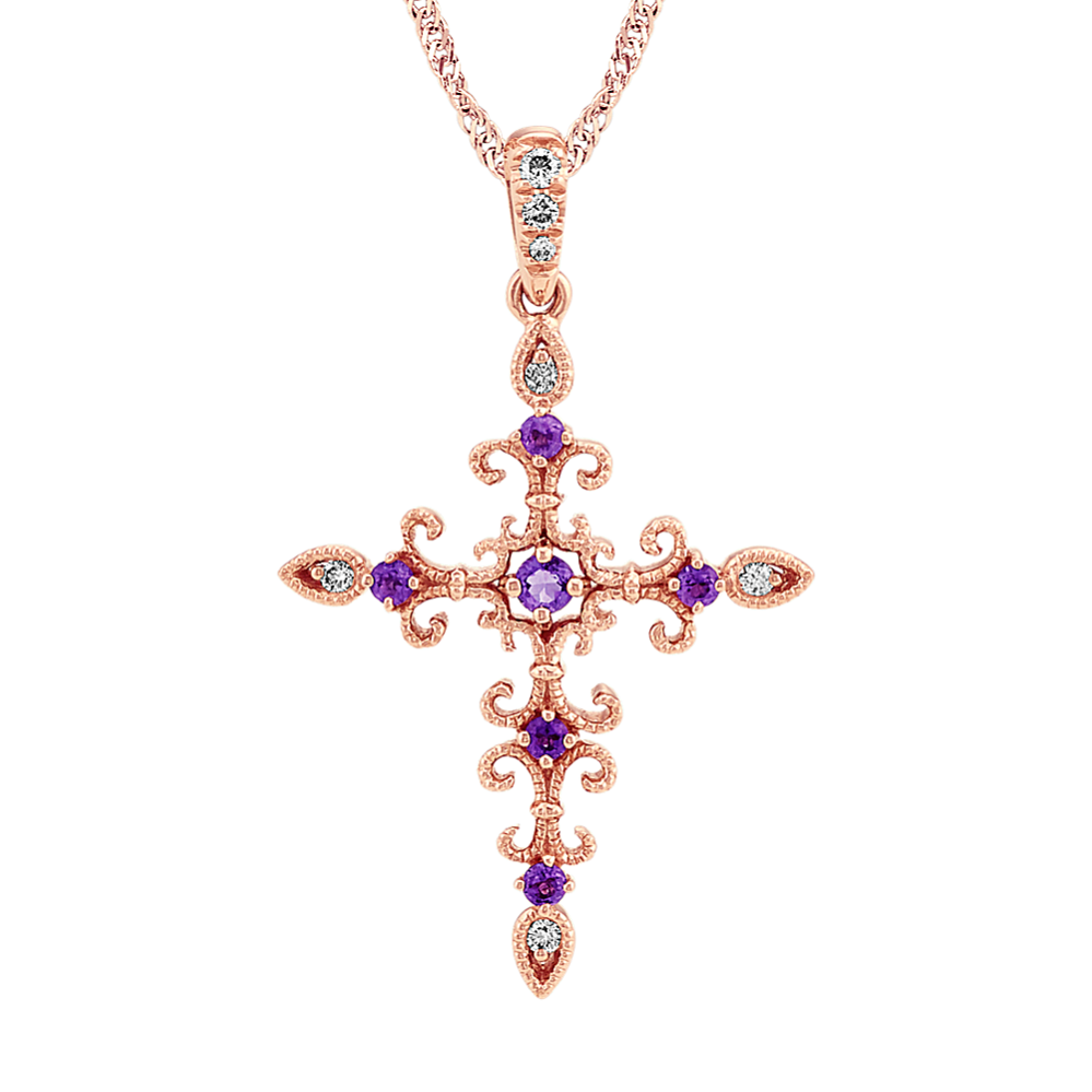 Calabria Amethyst and Diamond Cross Pendant in 14K Rose Gold (20 in)