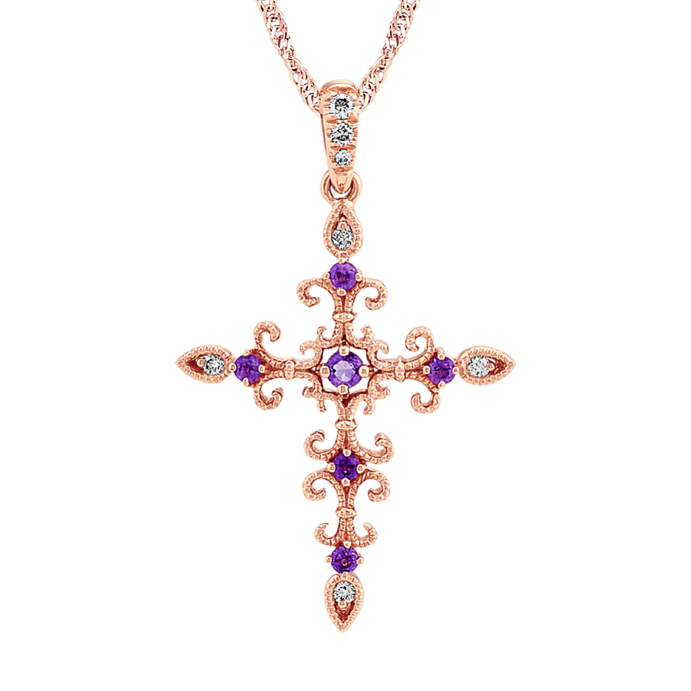 Calabria Amethyst and Diamond Cross Pendant in 14K Rose Gold (20'')
