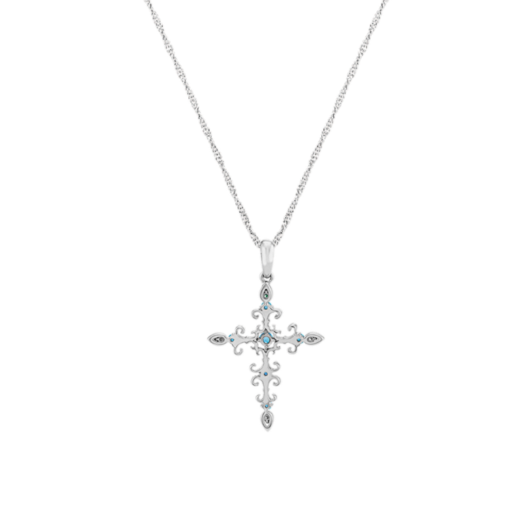 Calabria Natural Blue Topaz and Natural Diamond Cross Pendant in 14K White Gold (22 in)