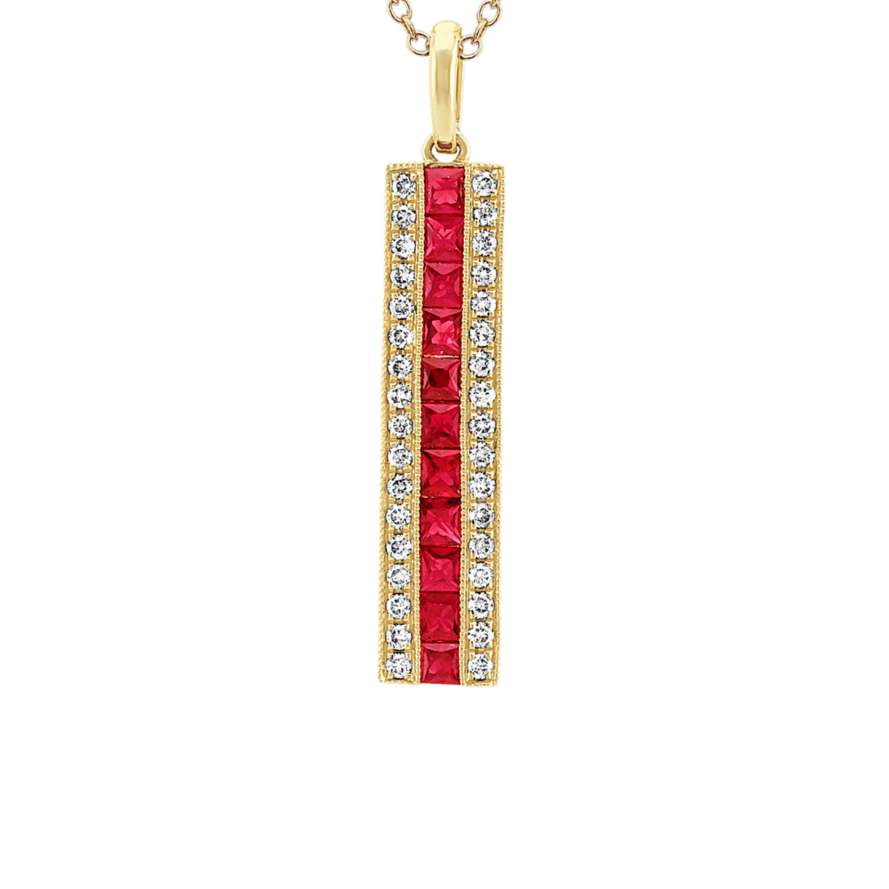 Cambria Natural Ruby and Natural Diamond Bar Pendant in 14K Yellow Gold (18 in)