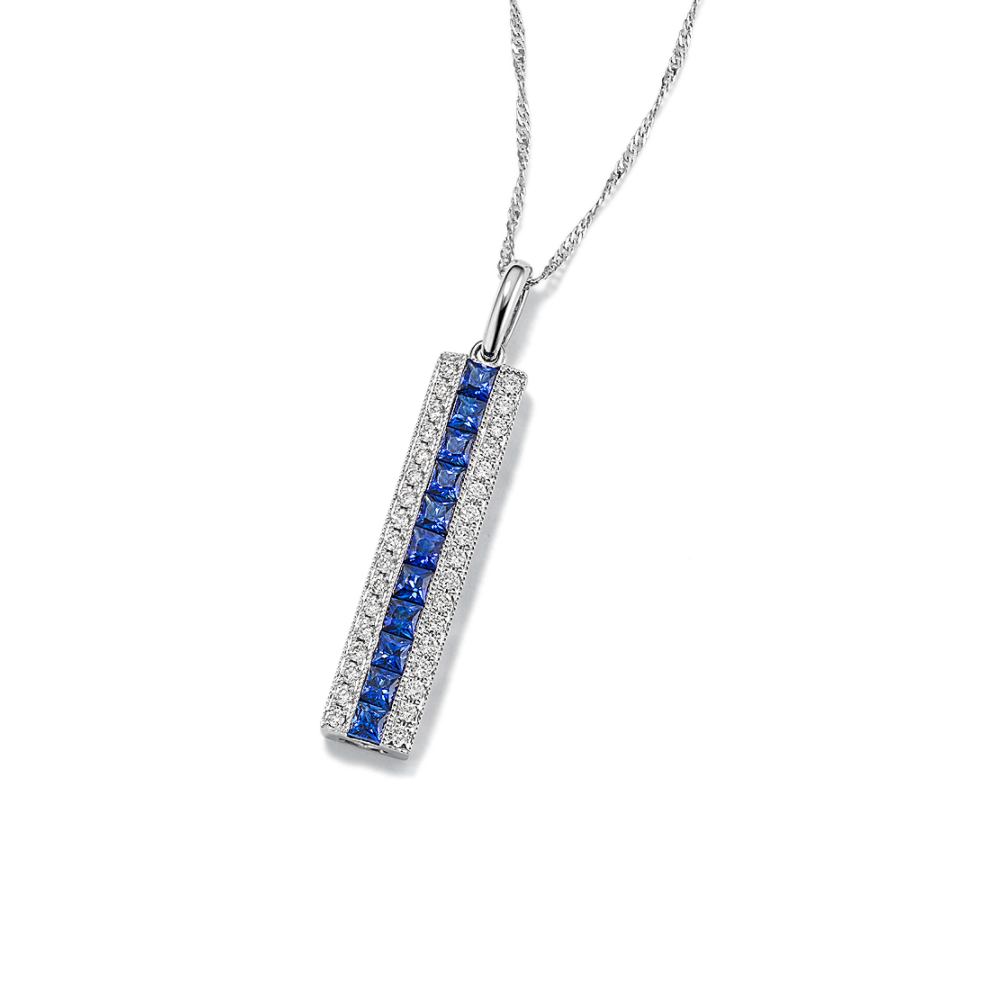 Cambria Traditional Blue Natural Sapphire and Natural Diamond Bar Pendant in 14K White Gold (18 in)