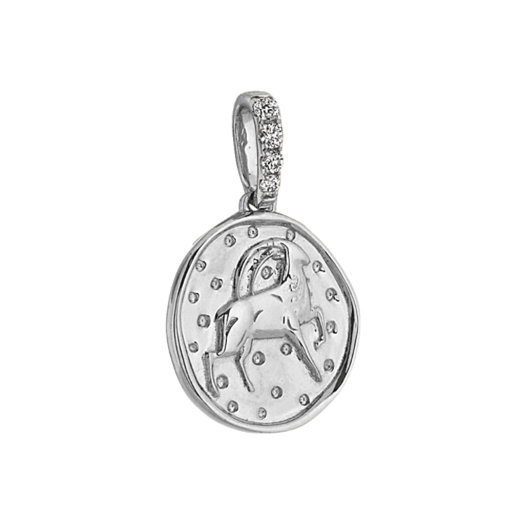 Capricorn Zodiac Charm with Natural Diamond Accent in 14k White Gold