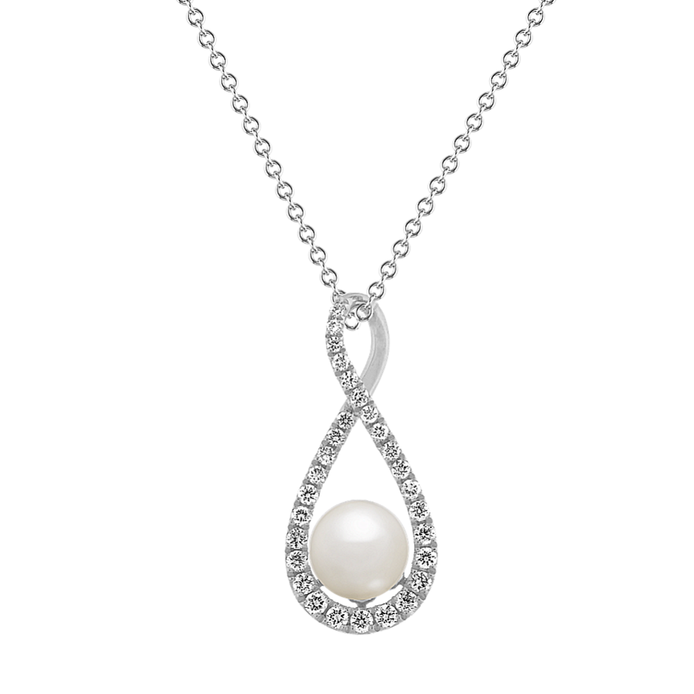 Chateau 6mm Akoya Pearl and Diamond Pendant in 14K White Gold (18 in)