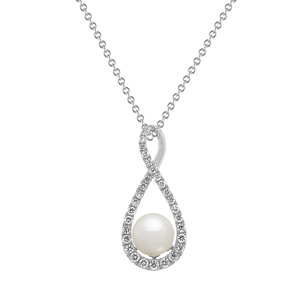 Chateau 6mm Akoya Pearl and Diamond Pendant in 14K White Gold (18'')