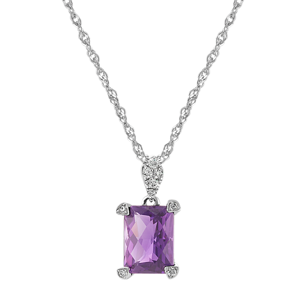Checkerboard Cut Amethyst and Diamond Pendant in Sterling Silver (20'')