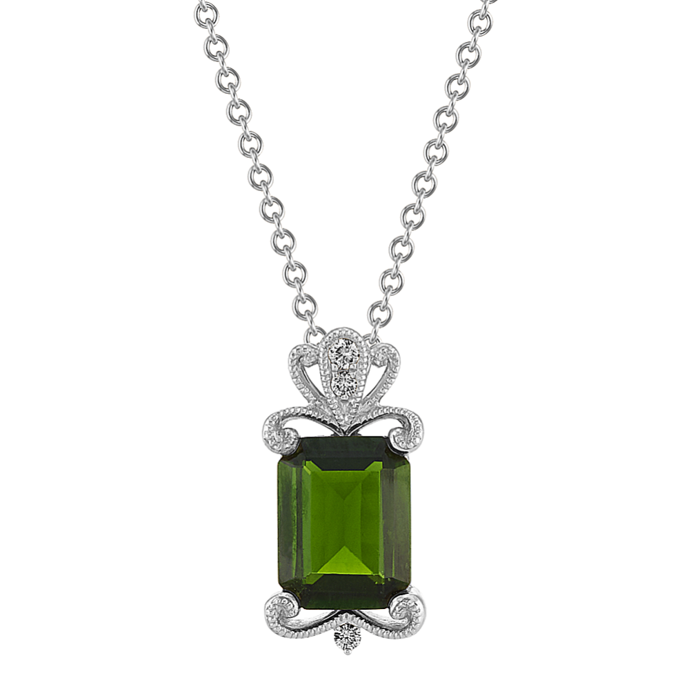 Chrome Diopside and Diamond Pendant in 14k White Gold (22 in)