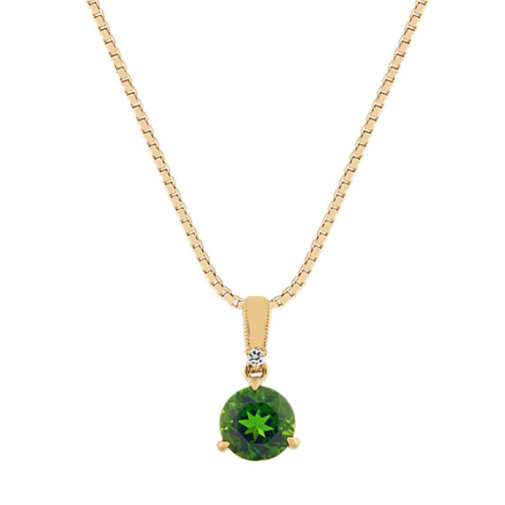 Chrome Diopside and Diamond Pendant in 14k Yellow Gold (18 in)