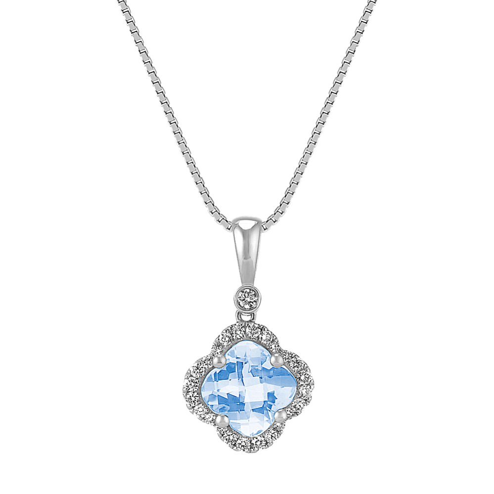 Clover-Shaped Aquamarine and Round Diamond Pendant (18 in)