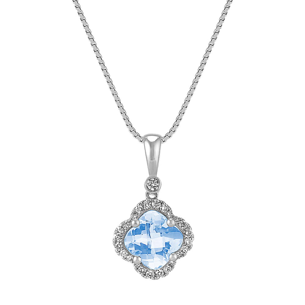 Clover-Shaped Aquamarine and Round Diamond Pendant (18'')