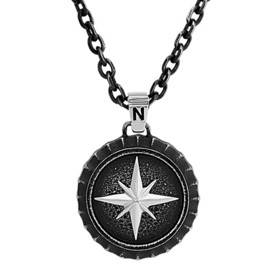 Compass Stainless Steel Necklace with Black Ionic Plating (25 in)