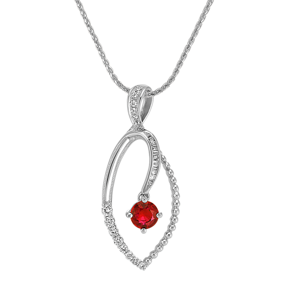 Contemporary Round Ruby, Round Diamond and Baguette Pendant (18 in)