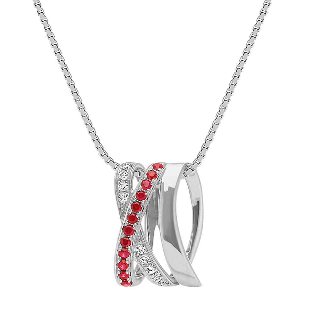 Contemporary Round Ruby and Diamond Pendant in 14k White Gold (18'')
