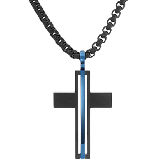 Cross Necklace in Stainless Steel with Blue Ionic Plating (24 in)