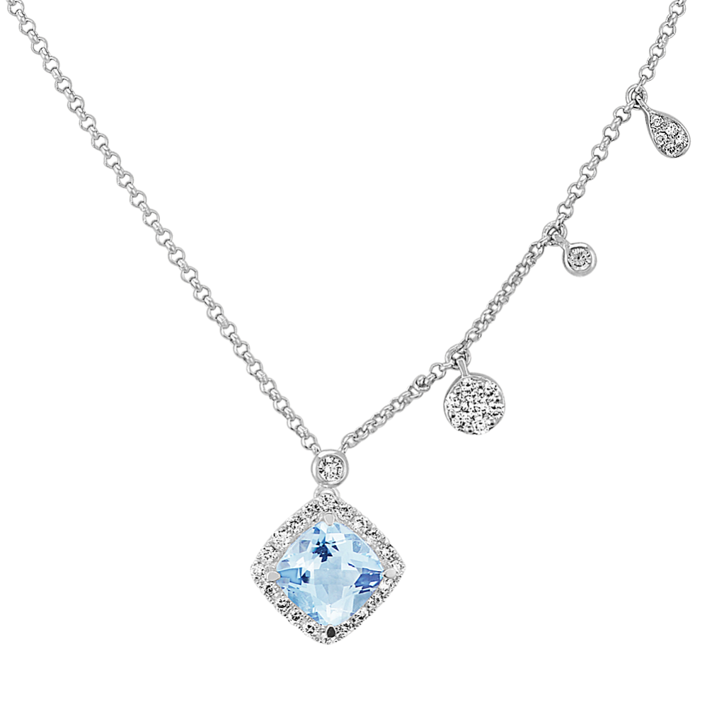 Cushion Cut Aquamarine and Diamond Necklace (18 in)