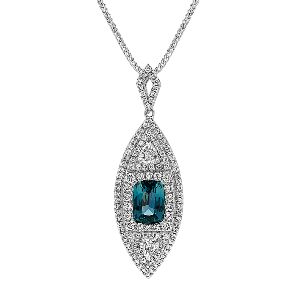 Cushion Cut Blue Green Sapphire, Trillion and Round Diamond Pendant (22 in)