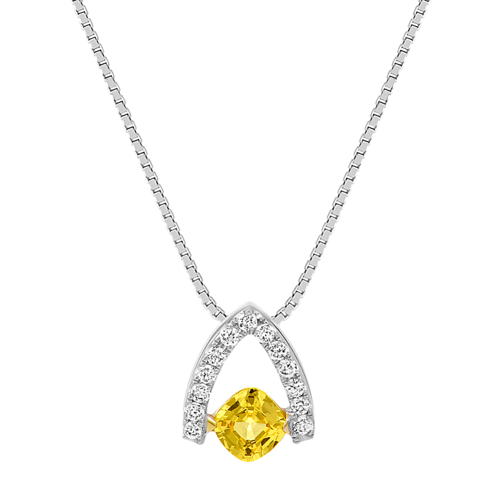 Cushion Cut Yellow Sapphire and Round Diamond Pendant (18 in)