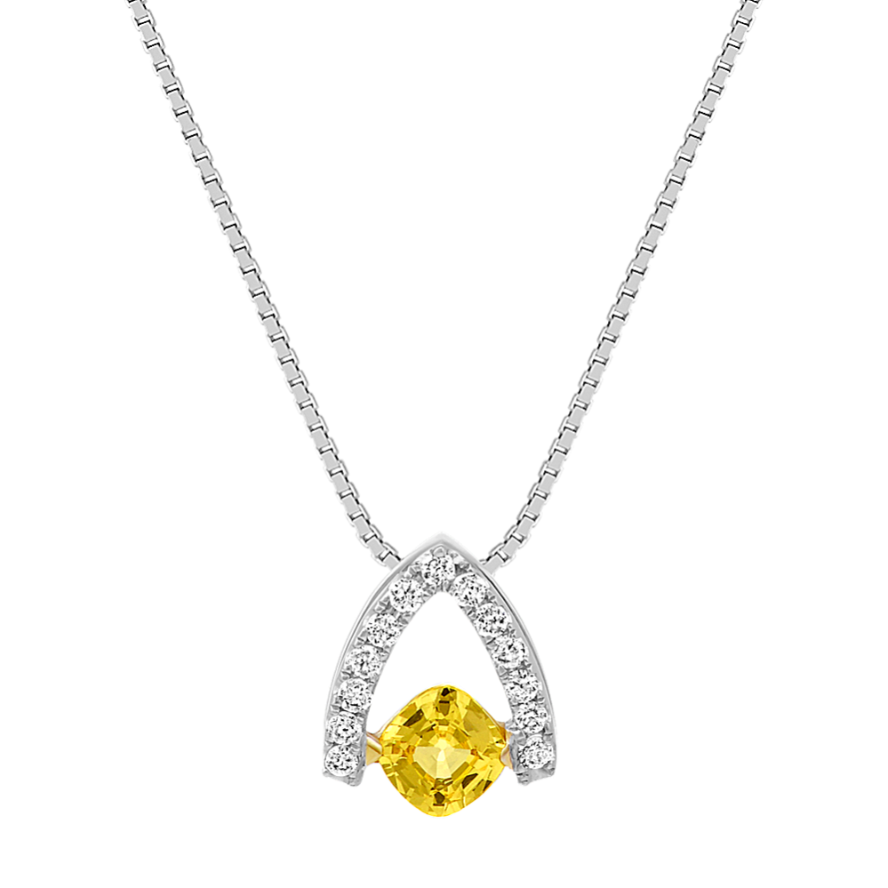 Cushion Cut Yellow Sapphire and Round Diamond Pendant (18'')