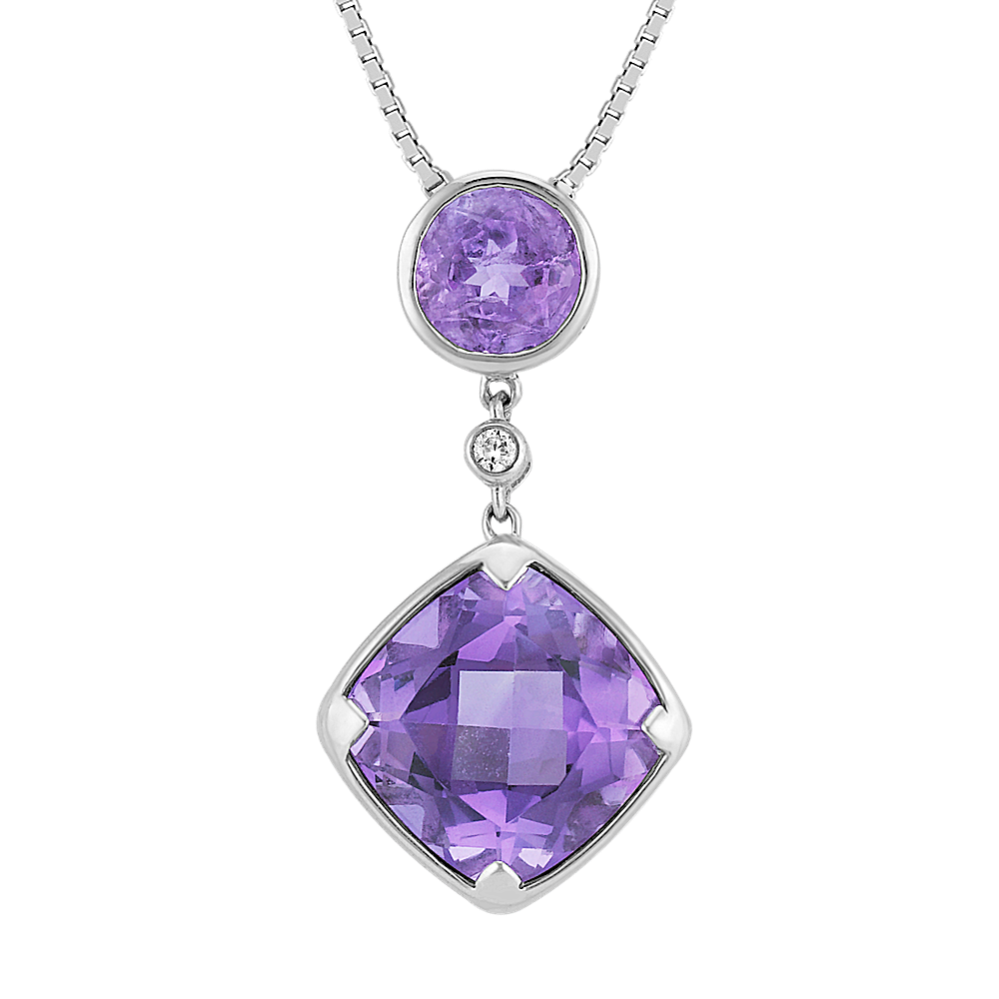 Cushion Cut and Round Purple Amethyst and Round Diamond Pendant (18 in)
