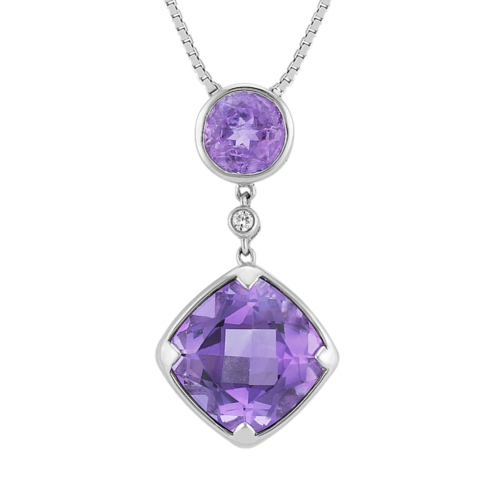 Cushion Cut and Round Purple Amethyst and Round Diamond Pendant (18'')