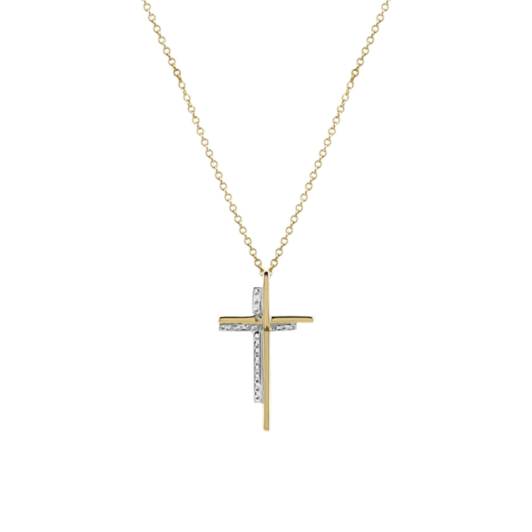 Natural Diamond Double Cross Pendant in 14k Yellow Gold (22 in)