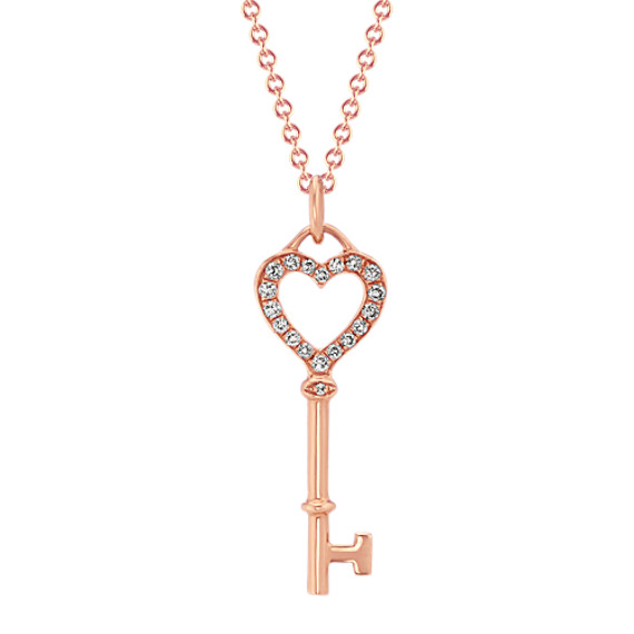 Diamond Heart Key Pendant In 14k Rose Gold 22in - Heart Key Pendant Necklace Diamond Heart Key Pendant In 14k Rose Gold 22in - Heart Key Pendant Necklace