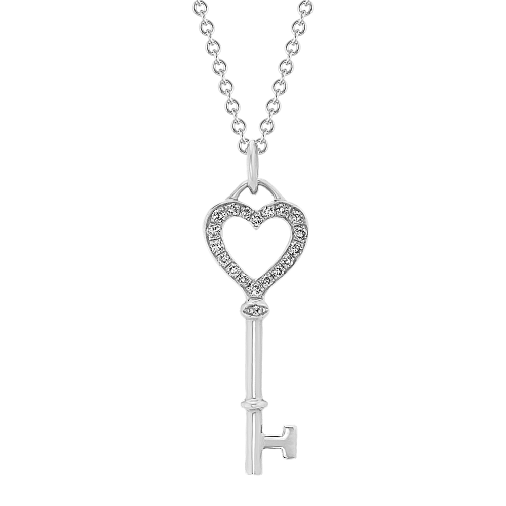 Diamond Heart Key Pendant in 14k White Gold (22in.)