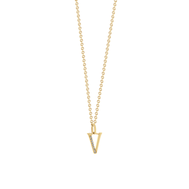 Natural Diamond Letter V Pendant in 14k Yellow Gold (18 in)