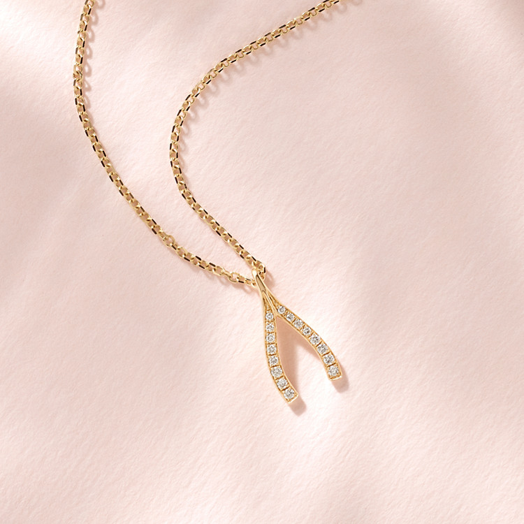 Taylor Natural Diamond Wishbone Pendant in 14K Yellow Gold (18 in)