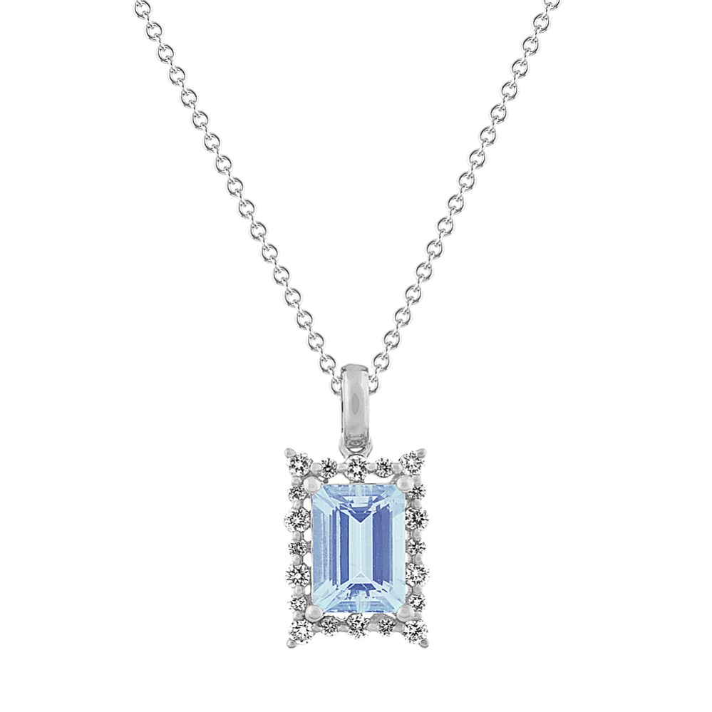 Emerald Cut Aquamarine Pendant with Diamonds (18 in)