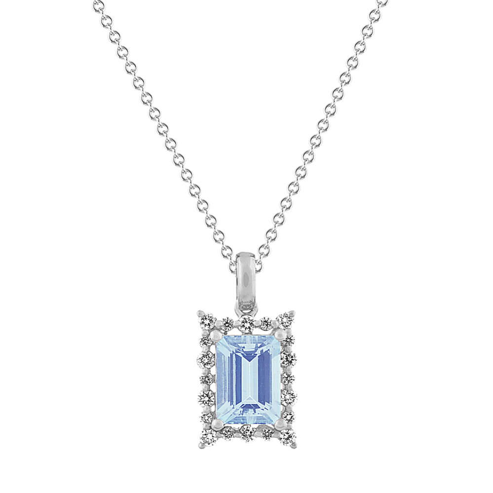 Emerald Cut Aquamarine Pendant with Diamonds (18'')