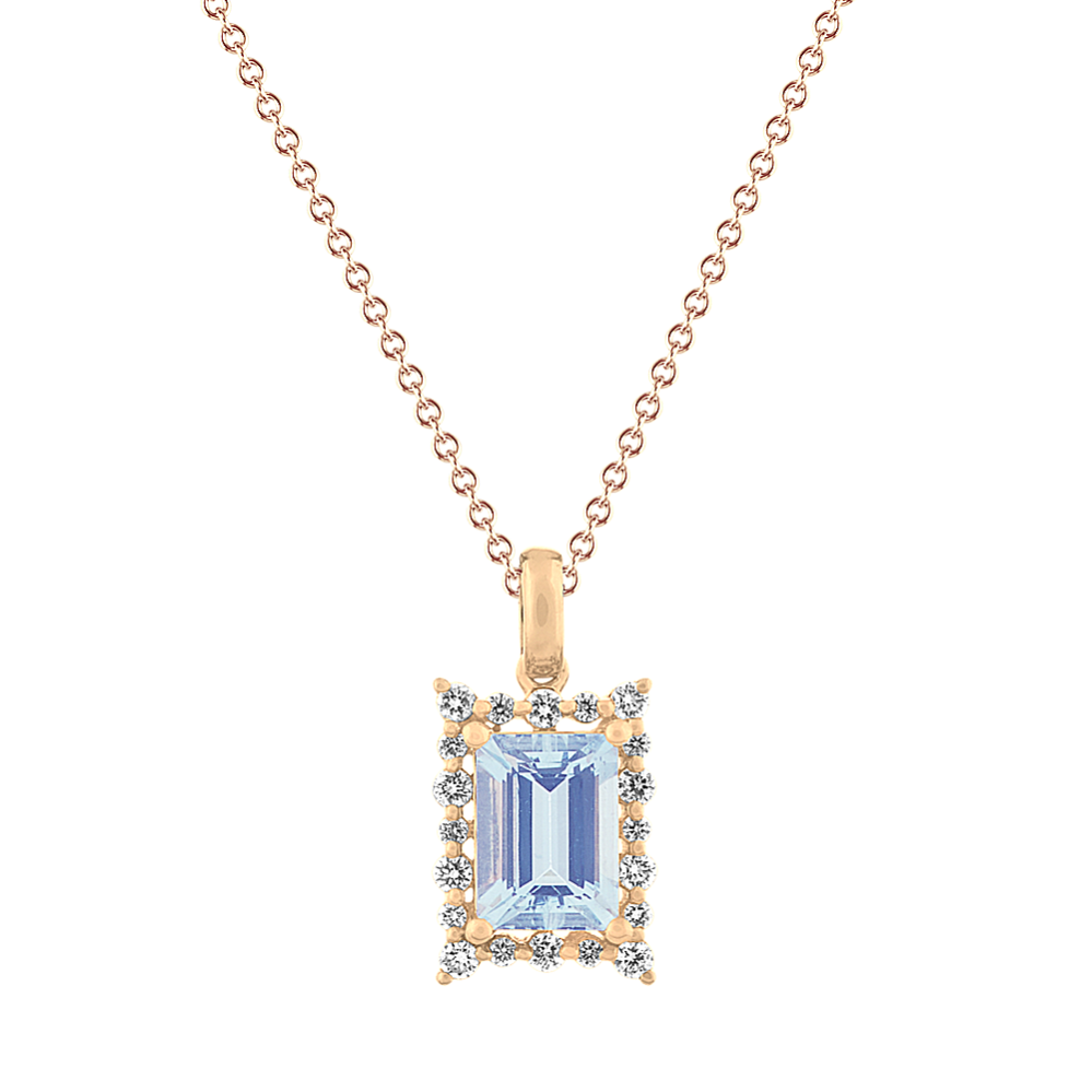 Emerald Cut Aquamarine Pendant with Diamonds (18 in)