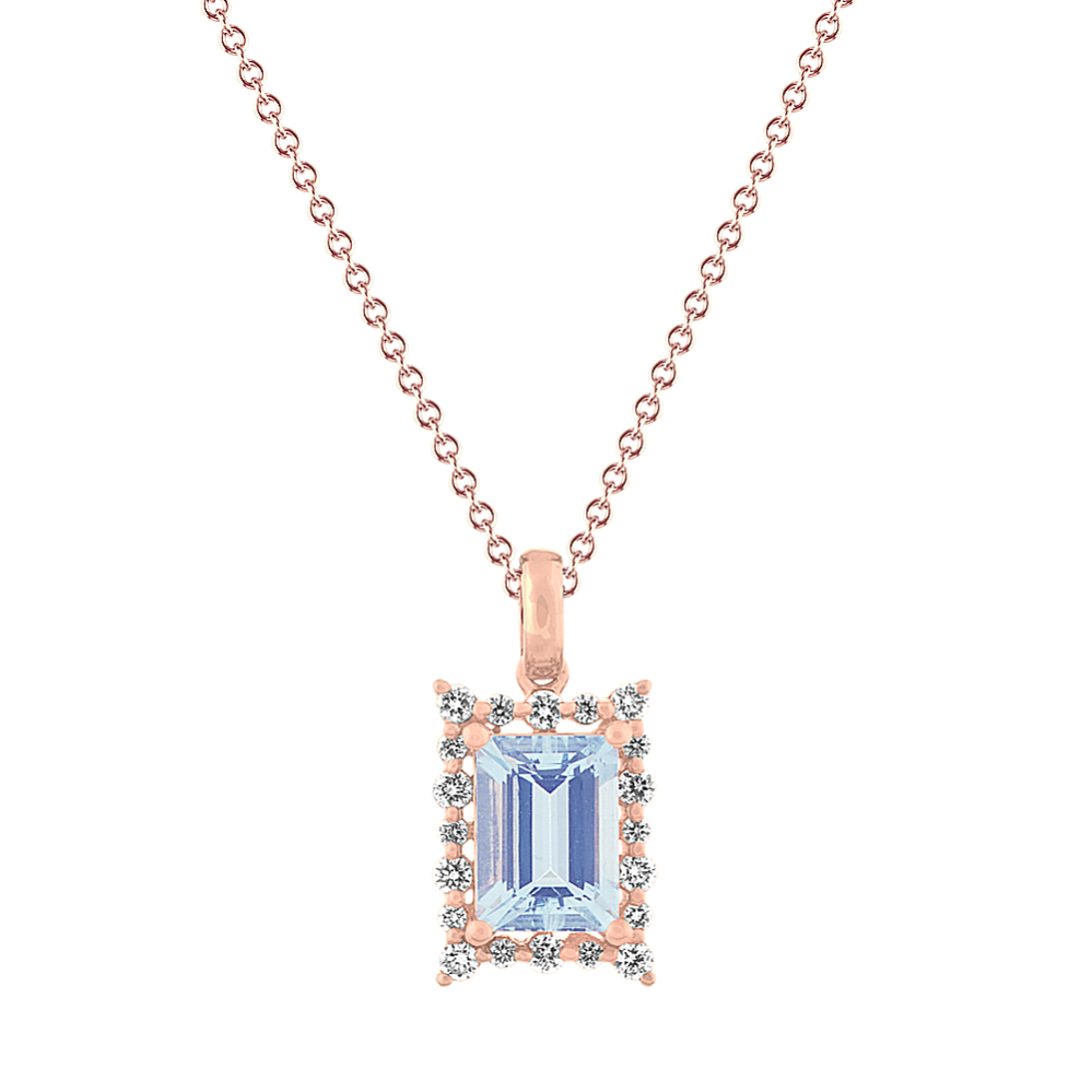 Emerald Cut Aquamarine Pendant with Diamonds (18 in)