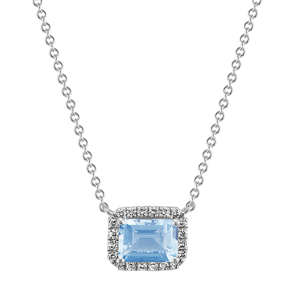 Emerald Cut Aquamarine and Diamond Necklace (18 in)