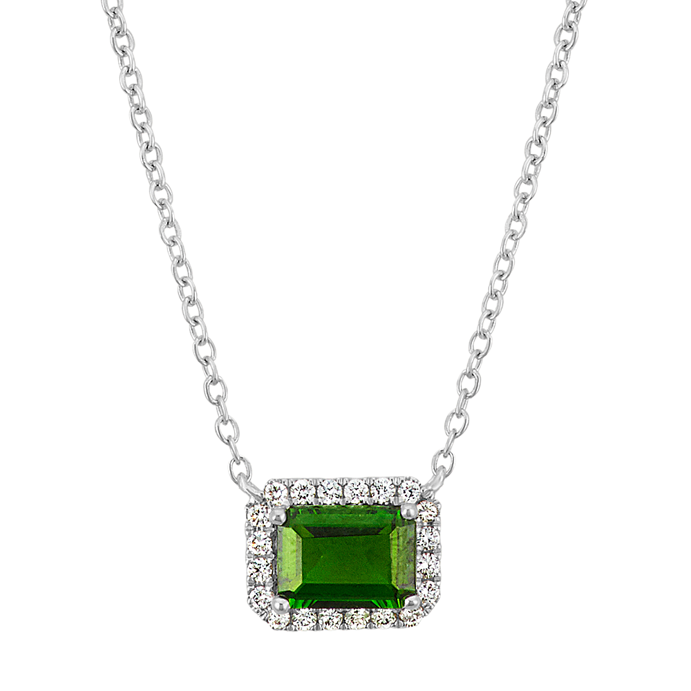 Emerald Cut Chrome Diopside and Diamond Necklace in Sterling Silver (18 ...