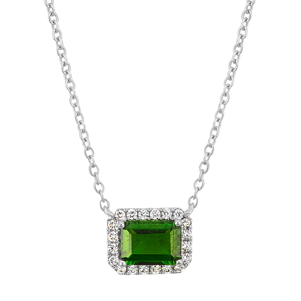 Emerald Cut Chrome Diopside and Diamond Necklace in Sterling Silver (18 in)
